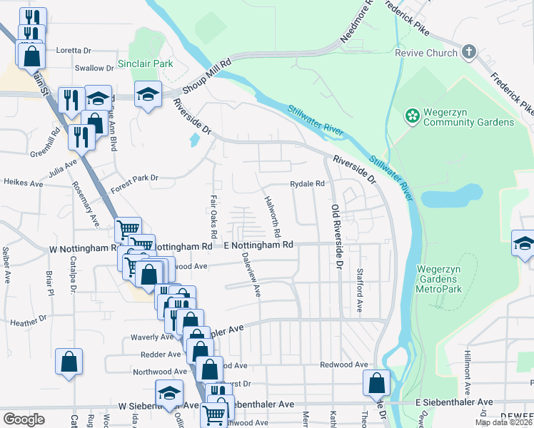map of restaurants, bars, coffee shops, grocery stores, and more near 4077 Halworth Road in Dayton