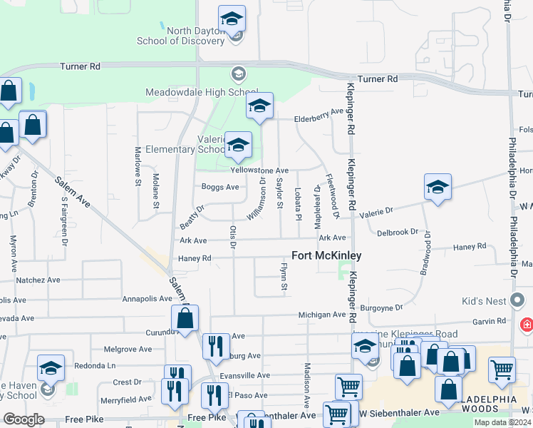 map of restaurants, bars, coffee shops, grocery stores, and more near 3789 Markwell Place in Dayton