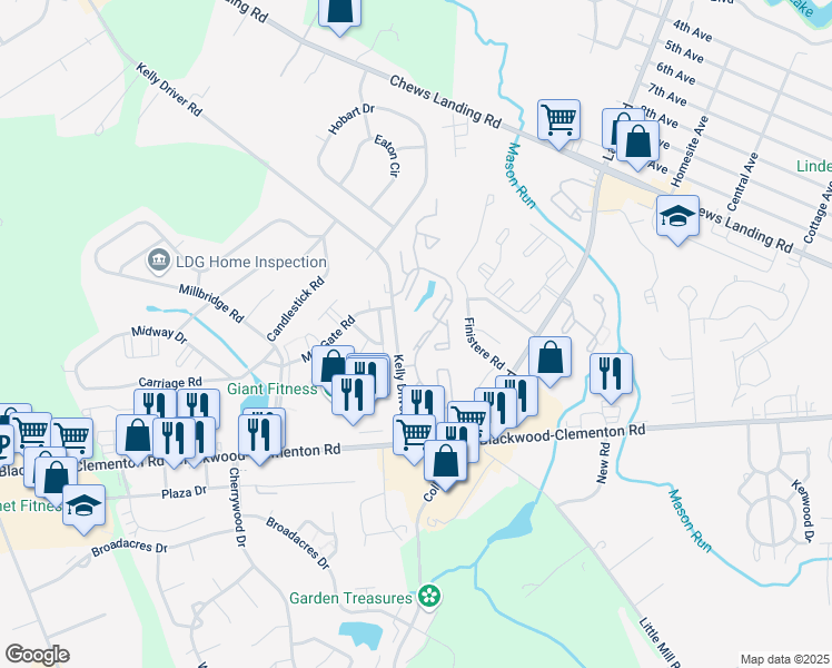 map of restaurants, bars, coffee shops, grocery stores, and more near 190 Via Cascata Drive in Clementon