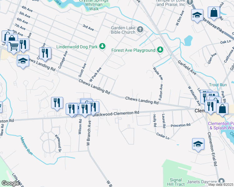 map of restaurants, bars, coffee shops, grocery stores, and more near 147 Chews Landing Road in Clementon