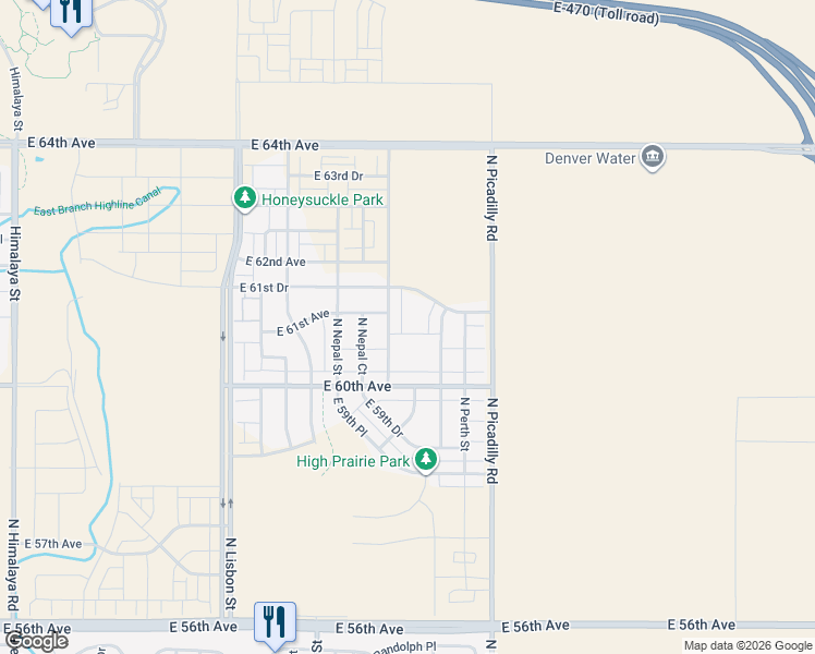 map of restaurants, bars, coffee shops, grocery stores, and more near 6020 North Netherland Court in Aurora