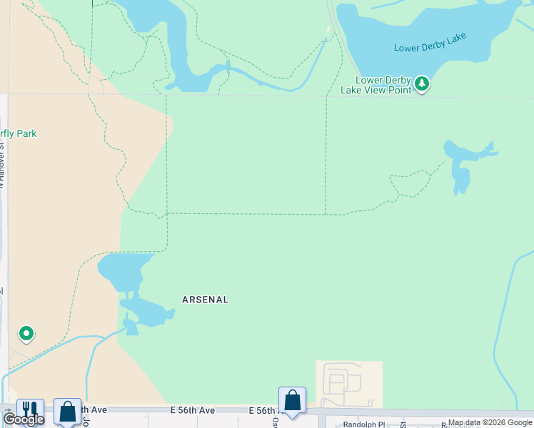 map of restaurants, bars, coffee shops, grocery stores, and more near Rod and Gun Club Trail in Denver