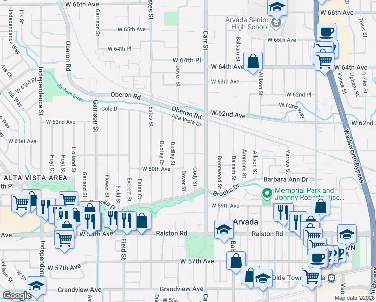 map of restaurants, bars, coffee shops, grocery stores, and more near 6075 Dover Street in Arvada