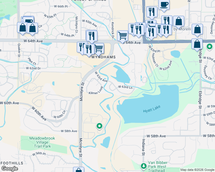 map of restaurants, bars, coffee shops, grocery stores, and more near 15172 62nd Way in Arvada