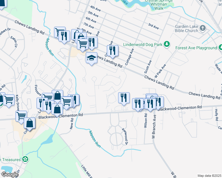 map of restaurants, bars, coffee shops, grocery stores, and more near 29 Chiswick Drive in Lindenwold
