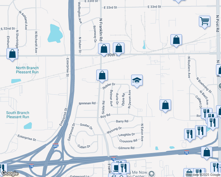 map of restaurants, bars, coffee shops, grocery stores, and more near 2701 Belmar Avenue in Indianapolis
