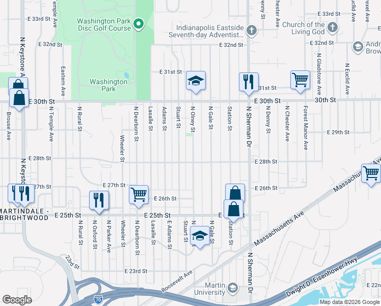 map of restaurants, bars, coffee shops, grocery stores, and more near 2802 North Olney Street in Indianapolis