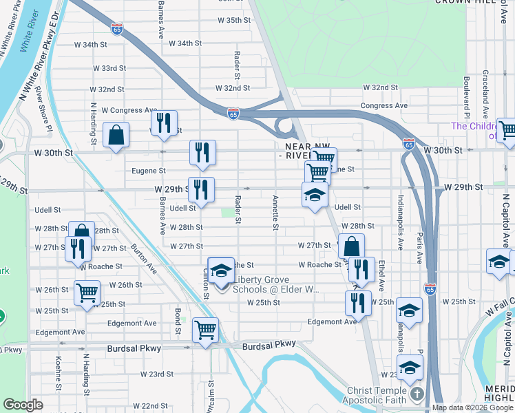 map of restaurants, bars, coffee shops, grocery stores, and more near 927 Udell Street in Indianapolis