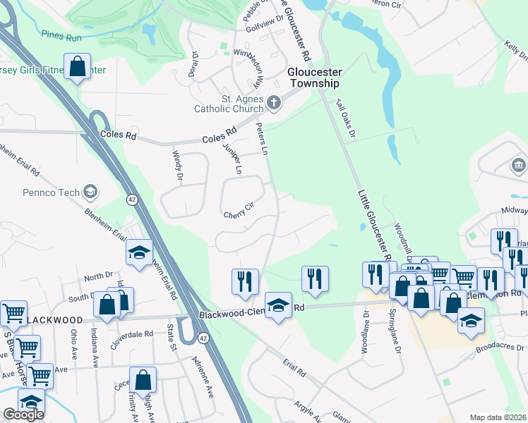 map of restaurants, bars, coffee shops, grocery stores, and more near 23 Knoll Drive in Camden County
