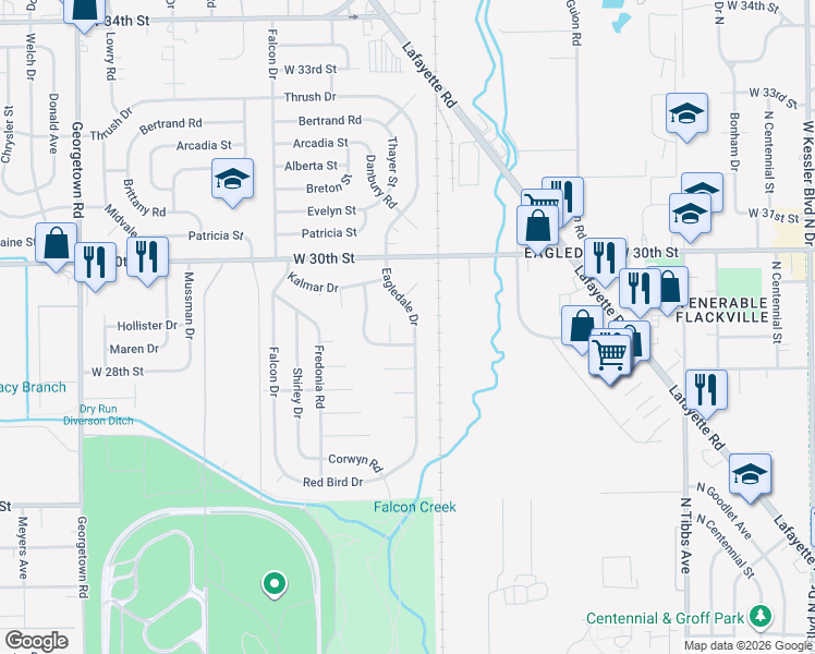 map of restaurants, bars, coffee shops, grocery stores, and more near 2836 Eagledale Drive in Indianapolis