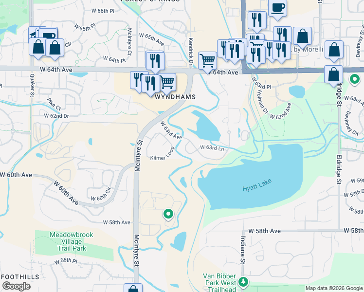map of restaurants, bars, coffee shops, grocery stores, and more near 15172 62nd Way in Arvada