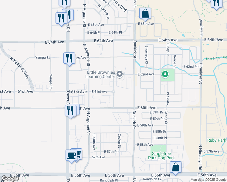 map of restaurants, bars, coffee shops, grocery stores, and more near 6025 North Ceylon Street in Denver