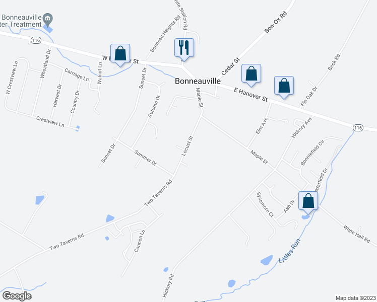 map of restaurants, bars, coffee shops, grocery stores, and more near 17 Locust Street in Gettysburg