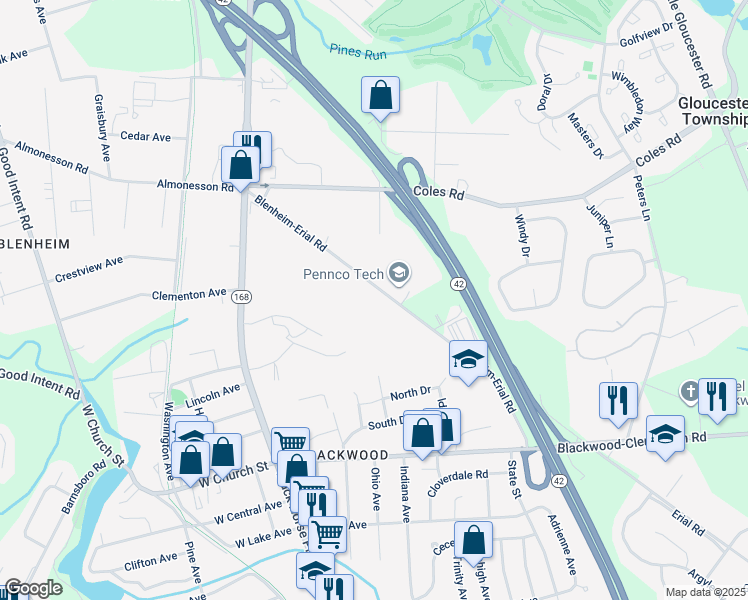 map of restaurants, bars, coffee shops, grocery stores, and more near 100 Blenheim-Erial Road in Gloucester Township