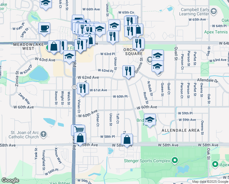 map of restaurants, bars, coffee shops, grocery stores, and more near 11954 West 61st Avenue in Arvada