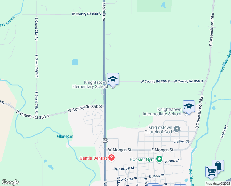 map of restaurants, bars, coffee shops, grocery stores, and more near 8632 Indiana 109 in Knightstown