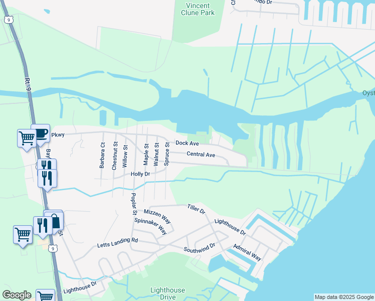 map of restaurants, bars, coffee shops, grocery stores, and more near 19 Central Avenue in Ocean Township