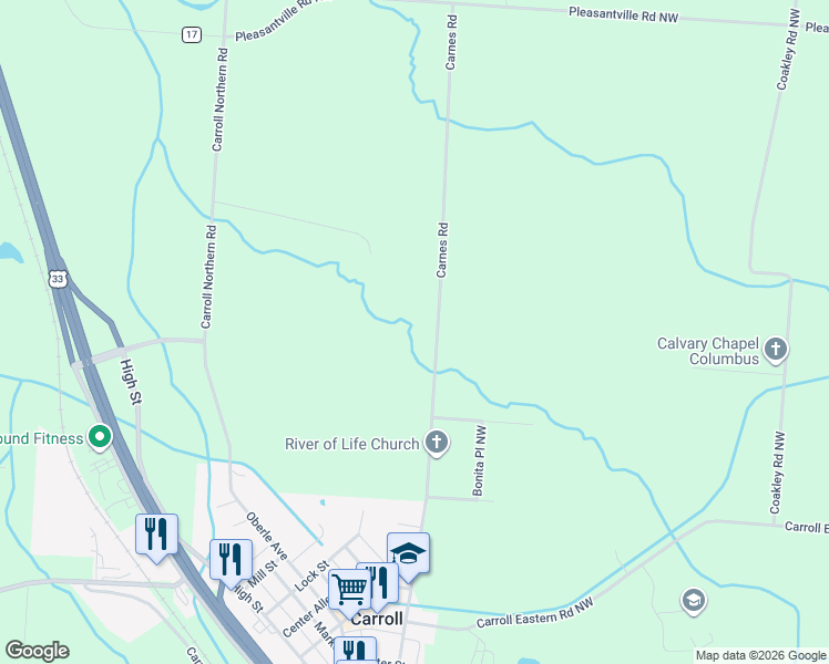 map of restaurants, bars, coffee shops, grocery stores, and more near 5295 Carnes Road in Carroll