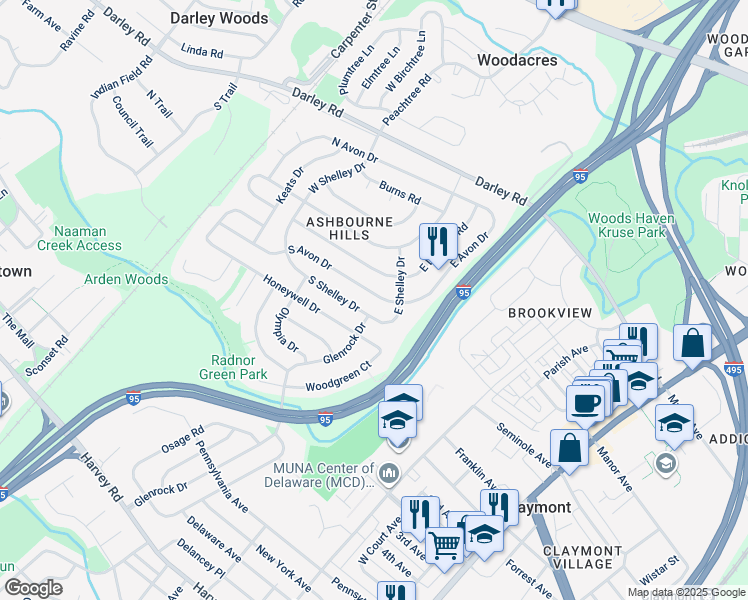 map of restaurants, bars, coffee shops, grocery stores, and more near 72 South Avon Drive in Claymont
