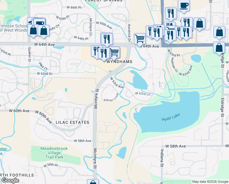 map of restaurants, bars, coffee shops, grocery stores, and more near 6212 Kilmer Loop in Arvada