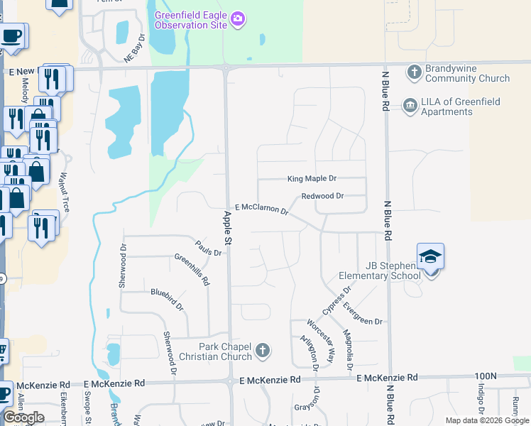 map of restaurants, bars, coffee shops, grocery stores, and more near 1079 East McClarnon Drive in Greenfield