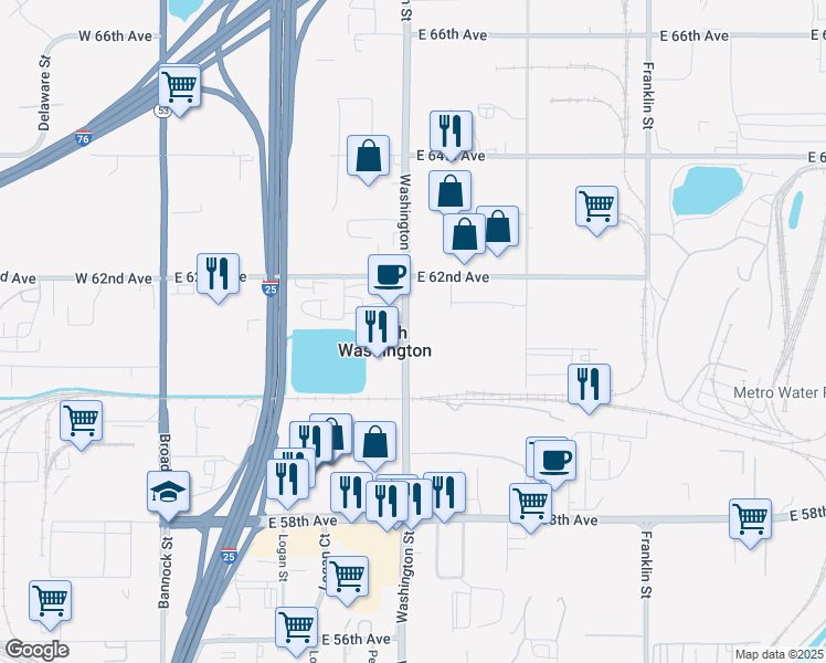 map of restaurants, bars, coffee shops, grocery stores, and more near 6050-6198 Washington St in Denver