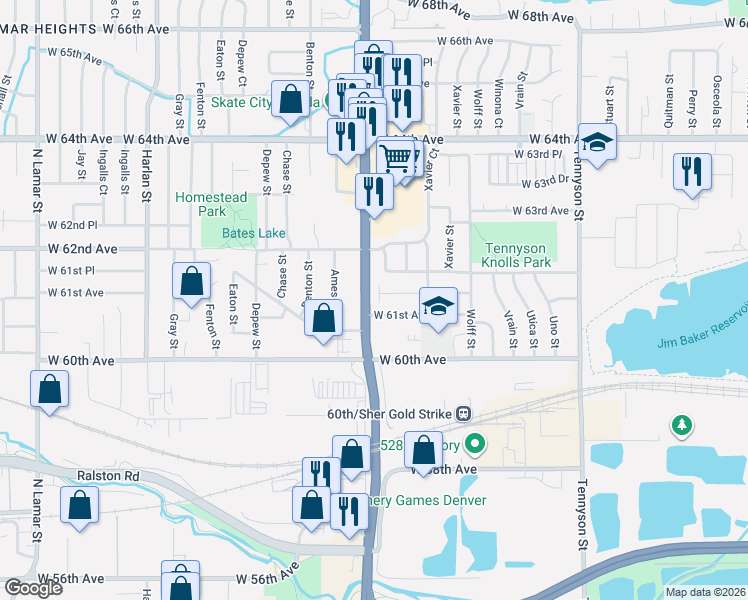 map of restaurants, bars, coffee shops, grocery stores, and more near 5152 West 61st Avenue in Arvada