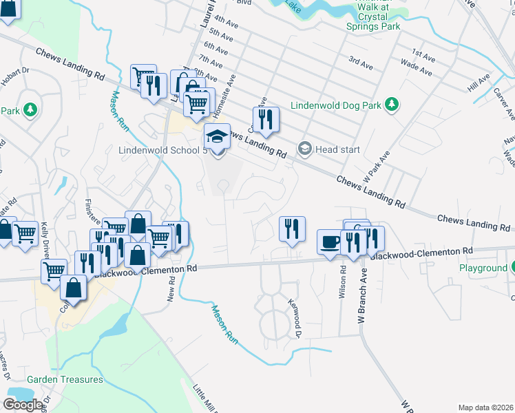 map of restaurants, bars, coffee shops, grocery stores, and more near 29 Chiswick Drive in Lindenwold