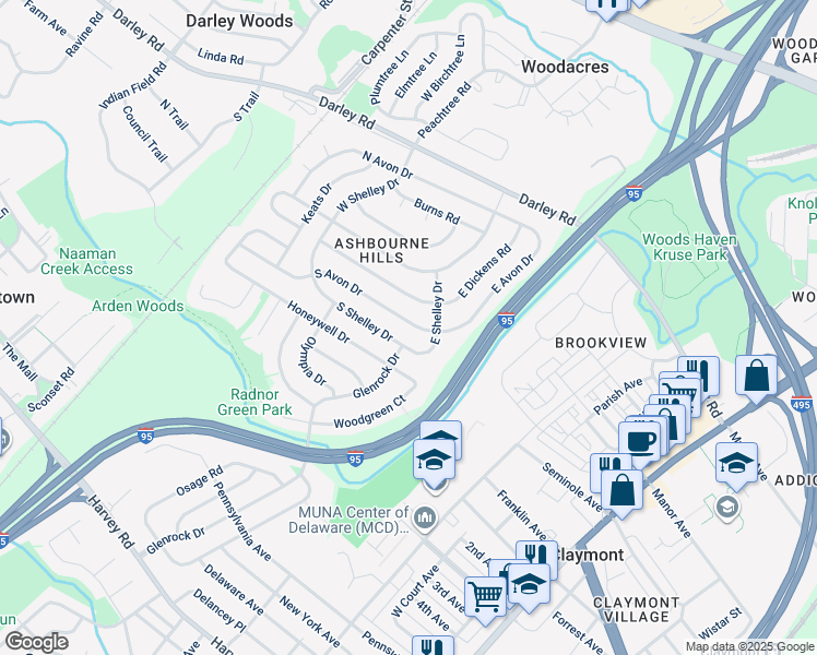 map of restaurants, bars, coffee shops, grocery stores, and more near 72 South Avon Drive in Claymont