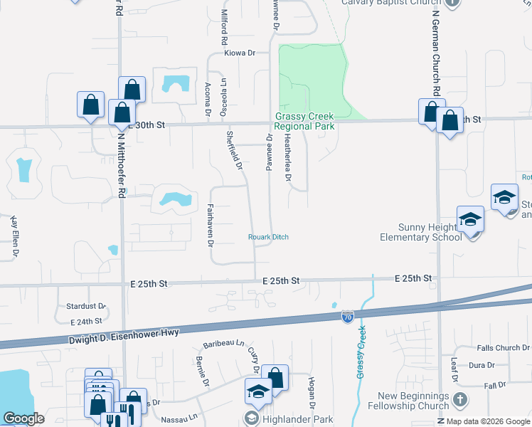 map of restaurants, bars, coffee shops, grocery stores, and more near 2701 Pawnee Drive in Indianapolis