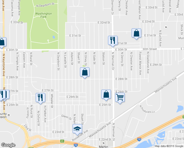 map of restaurants, bars, coffee shops, grocery stores, and more near 2806 North Gale Street in Indianapolis