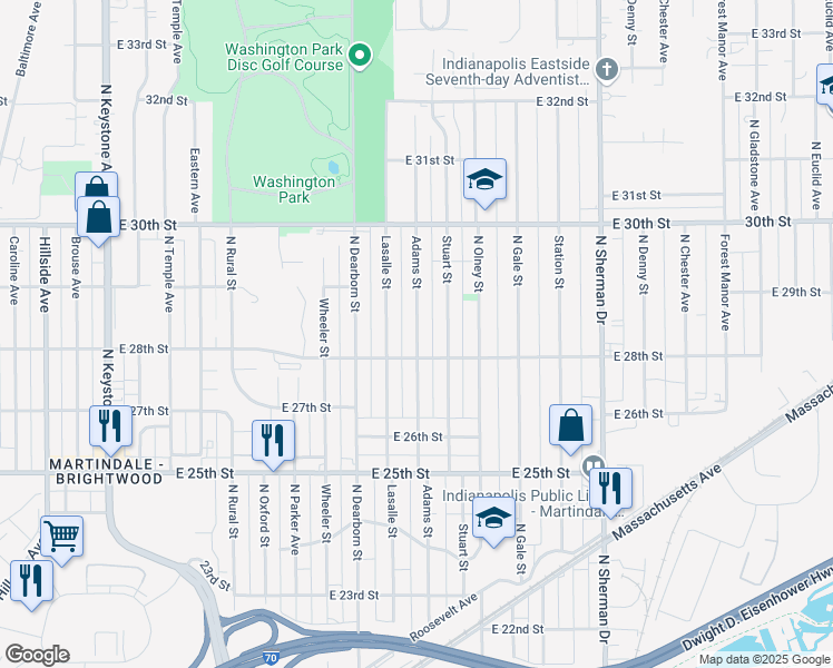 map of restaurants, bars, coffee shops, grocery stores, and more near 2804 Stuart Street in Indianapolis