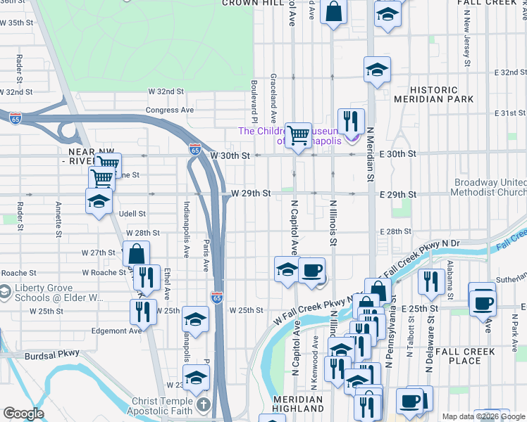map of restaurants, bars, coffee shops, grocery stores, and more near 2814 Boulevard Place in Indianapolis