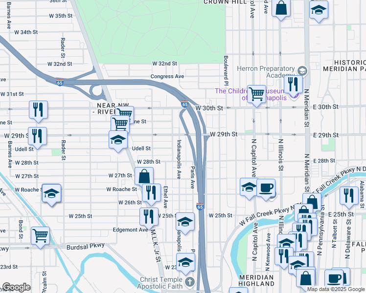 map of restaurants, bars, coffee shops, grocery stores, and more near 2817 Indianapolis Avenue in Indianapolis