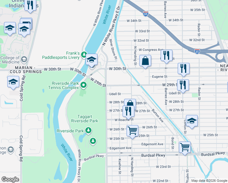 map of restaurants, bars, coffee shops, grocery stores, and more near 1515 Udell Street in Indianapolis