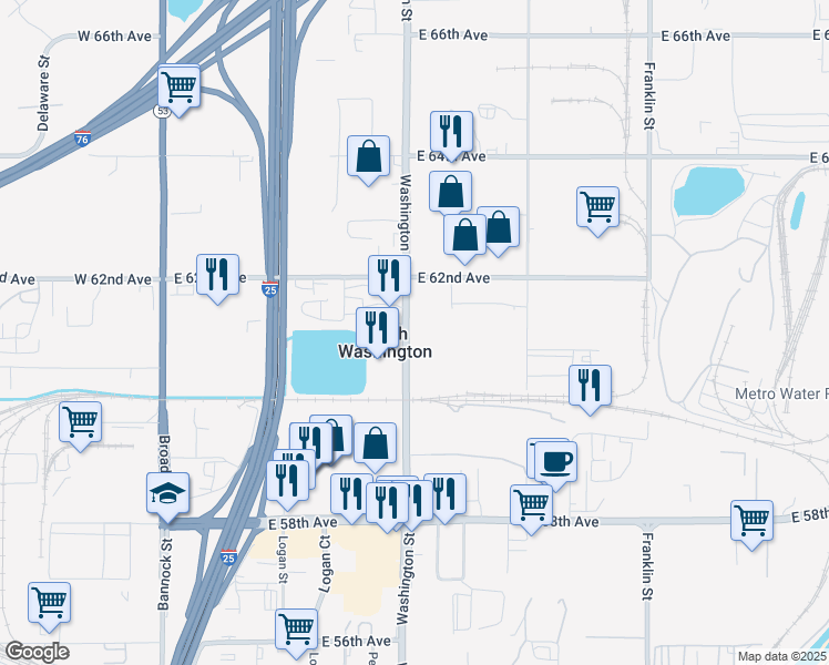 map of restaurants, bars, coffee shops, grocery stores, and more near 6030 Washington Street in Denver