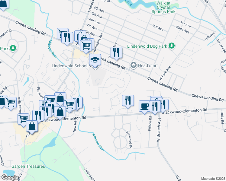 map of restaurants, bars, coffee shops, grocery stores, and more near 29 Chiswick Drive in Lindenwold