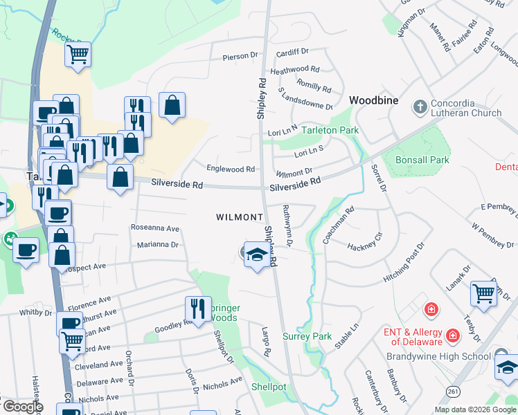 map of restaurants, bars, coffee shops, grocery stores, and more near 2 Francis Lane in Wilmington
