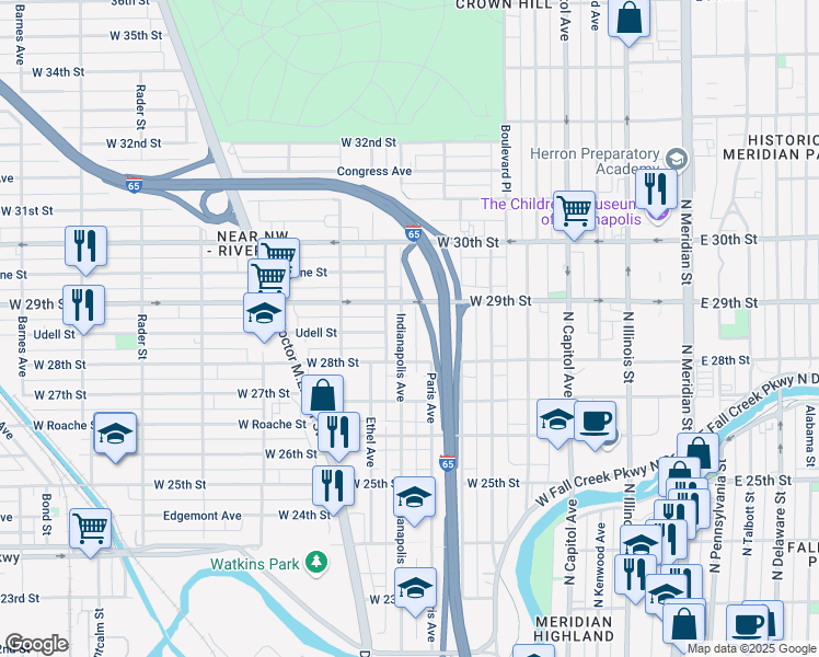 map of restaurants, bars, coffee shops, grocery stores, and more near 2817 Indianapolis Avenue in Indianapolis