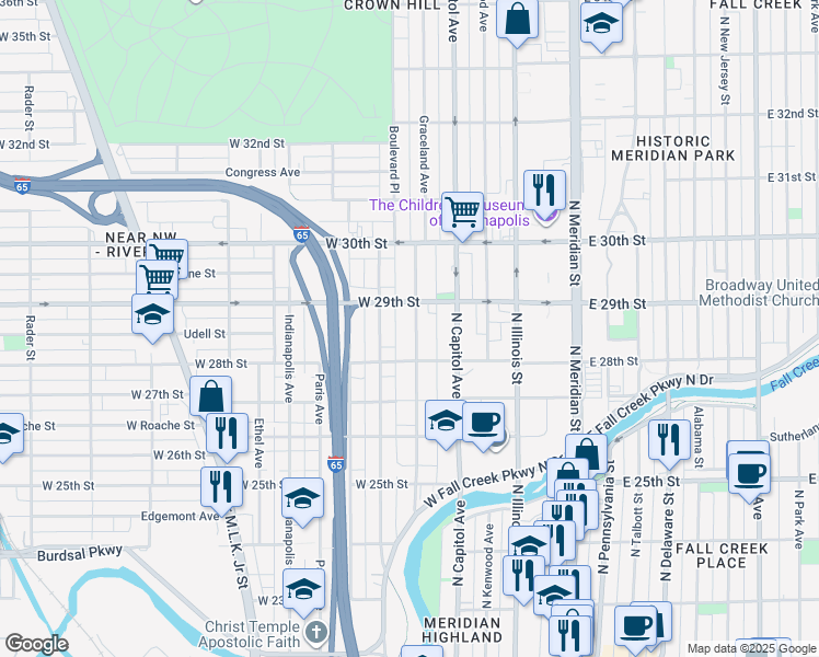 map of restaurants, bars, coffee shops, grocery stores, and more near 2814 Boulevard Place in Indianapolis