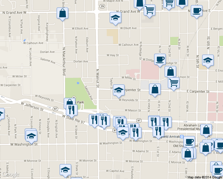 map of restaurants, bars, coffee shops, grocery stores, and more near 598 Taylor Street in Springfield