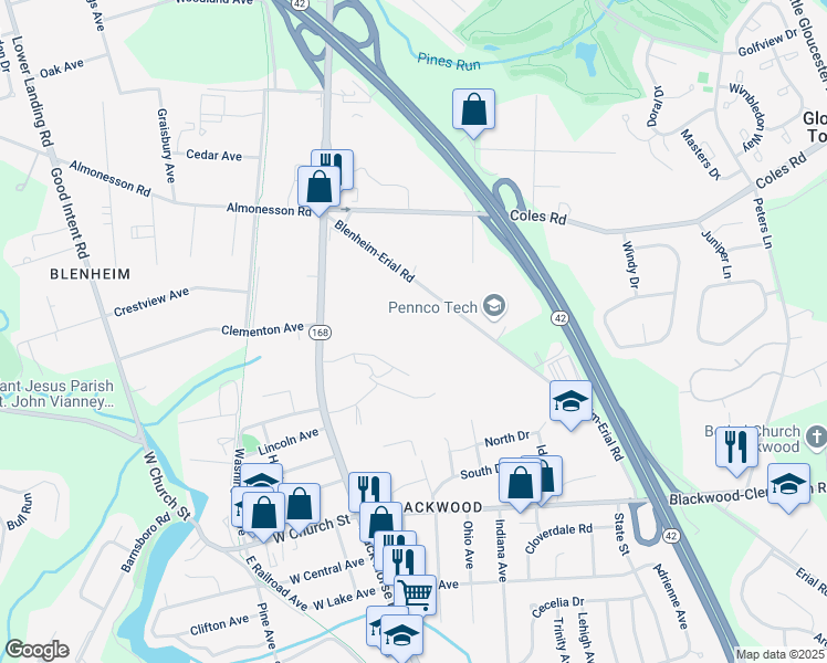 map of restaurants, bars, coffee shops, grocery stores, and more near 86 Erial Road in Gloucester Township