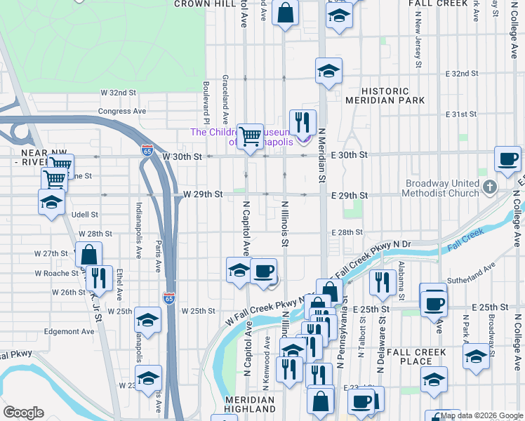 map of restaurants, bars, coffee shops, grocery stores, and more near 2815 North Kenwood Avenue in Indianapolis