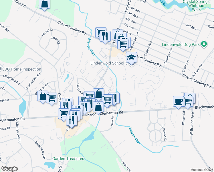 map of restaurants, bars, coffee shops, grocery stores, and more near 507 Timber Creek Road in Lindenwold