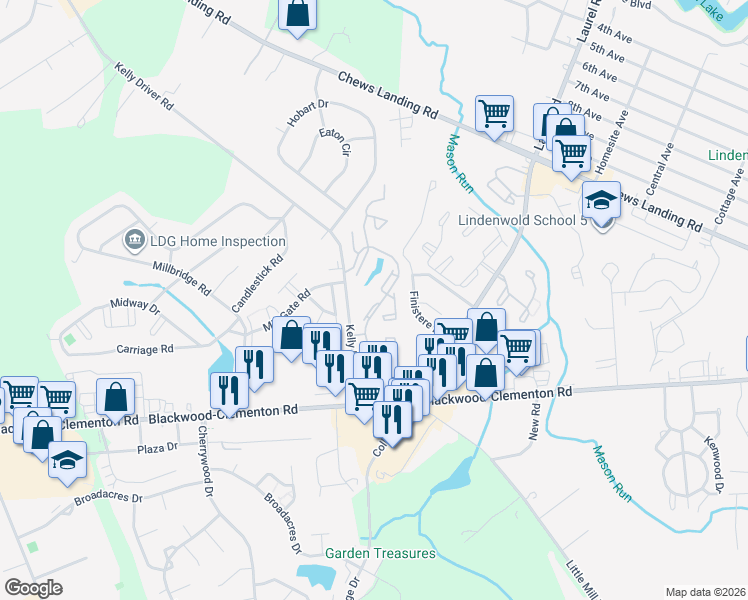 map of restaurants, bars, coffee shops, grocery stores, and more near 190 Via Cascata Drive in Clementon