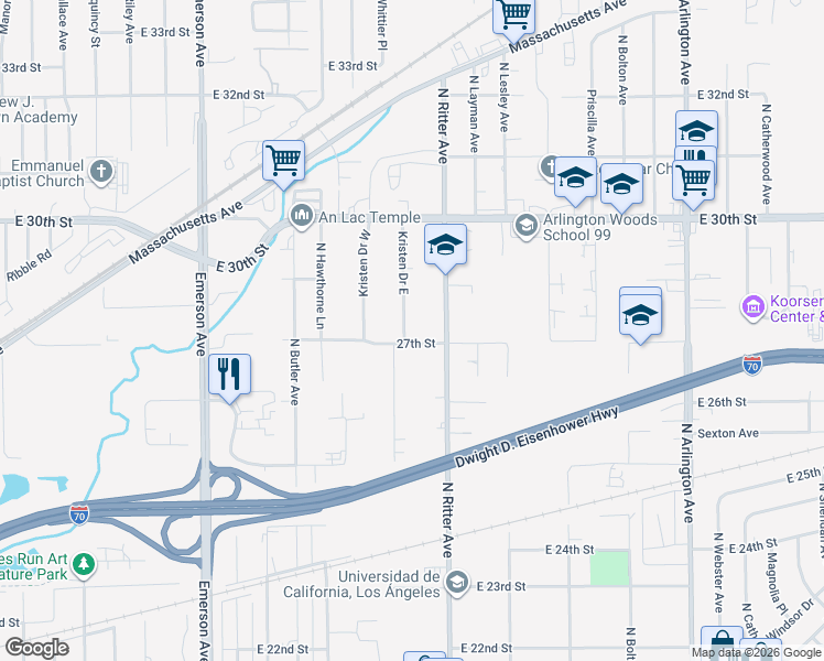map of restaurants, bars, coffee shops, grocery stores, and more near 2651 Kristen Drive in Indianapolis