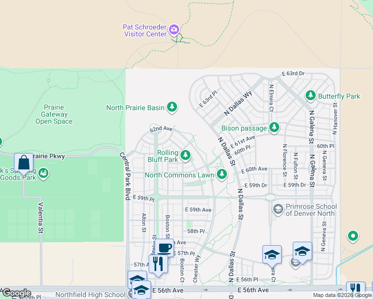 map of restaurants, bars, coffee shops, grocery stores, and more near 6071 Chester Street in Denver
