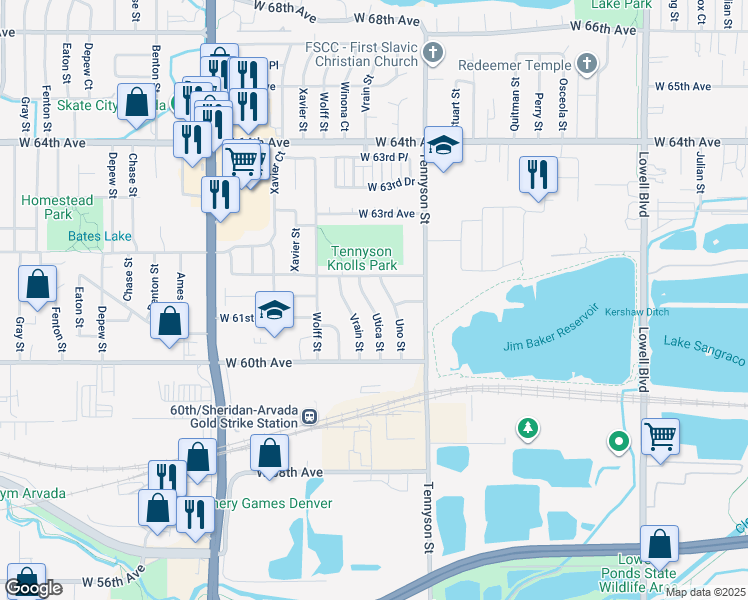 map of restaurants, bars, coffee shops, grocery stores, and more near 6065 Utica Street in Arvada