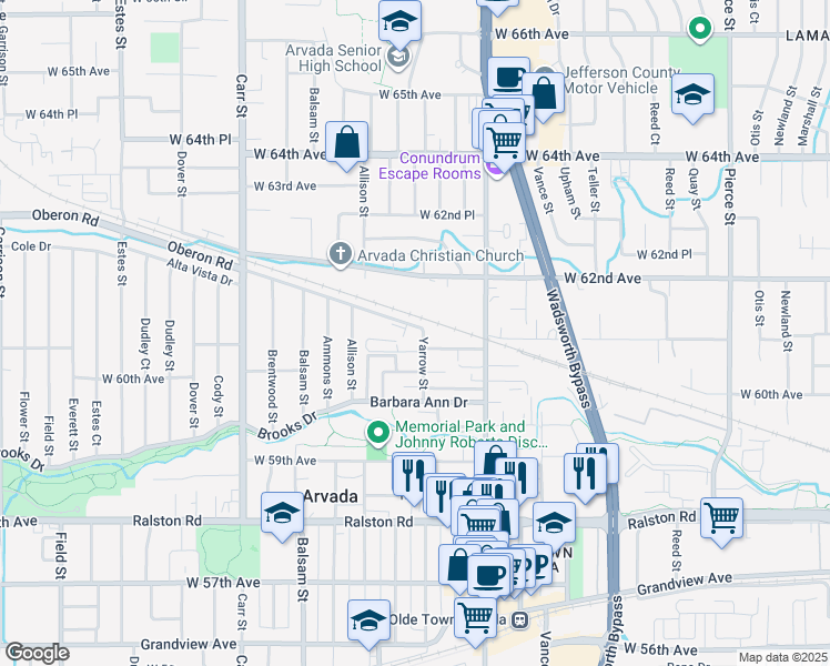 map of restaurants, bars, coffee shops, grocery stores, and more near 6021 Yarrow Street in Arvada
