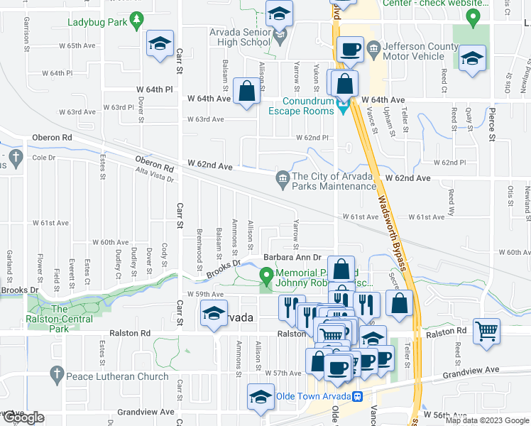 map of restaurants, bars, coffee shops, grocery stores, and more near 7835 Barbara Ann Drive in Arvada